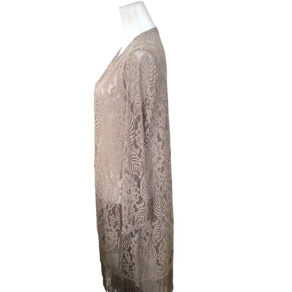 Questions Tan Long Line Feminine‎ Romantic Boho Fringe Lace Cardigan/Jacket ~ L - Picture 7 of 16